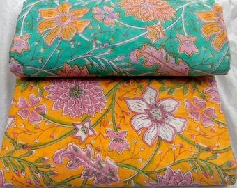 Fabric Flower Hand Block Print Cotton 92*88 Fabric Multi Color Mart Rubi Cotton