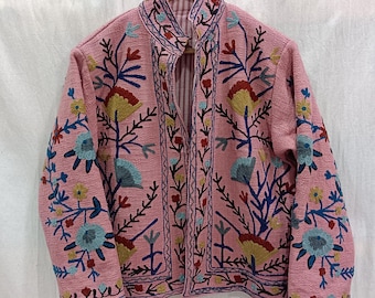 Pink Suzani Embroidered Reversible Jacket: Indian Handmade Cotton Coat