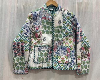 Giacca patchwork trapuntata in cotone fatta a mano: cappotto boho reversibile