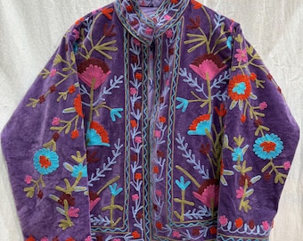 Handmade Velvet Suzani Jacket: Floral Embroidered Boho Coat