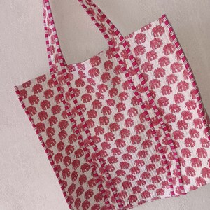 Tote Bag Hand Block Print Pink Elephant Cotton Inside Natural Cotton 1-1 Pocket/Outside Inside Good Journey Outside Shopping Market Picnic image 5