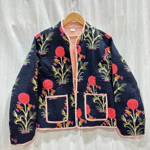 Baumwoll-Steppjacke Wende-Kurzjacke Blaue Jacke Handgefertigte Streifen-Piping-Jacke Boho-Winterbekleidung Mantel Für Damen Boho New Style