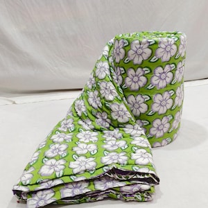 Handmamde Organic Cotton Quilt Razai - Green Floral Block Print Rajai, Throw Bedspread King Size Blanket, Reversible Warm Quilt , Gifts
