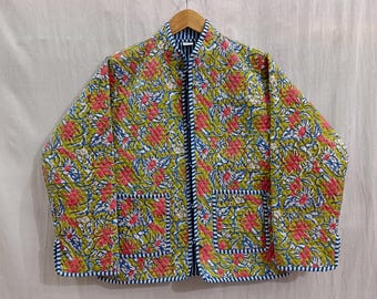 Handmade Floral Quilted Cotton Jacket: Reversible Boho Wear