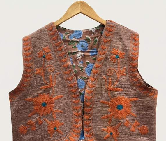 Handmade Suzani Vest, Reversible Embroidered Cotton Jacket, Floral Print Waistcoat