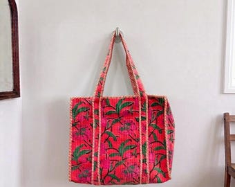 Bolso tote acolchado de terciopelo con estampado a mano y cremallera, bolso grande de algodón para mujer, ideal para ir de compras, viajar o como regalo.