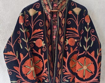 Embroidered Velvet Suzani Jacket: Bohemian Floral Cotton Short Coat