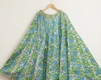 Handgemaakte katoenen lange rok, groene bloemenprint, verstelbare taille