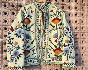 Suzani Embroidery Cotton Jacket : Green Floral Design Unisex Jacket Coat , Free Size Winter Jackets