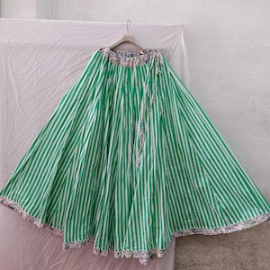 Green Striped Cotton Long Skirt, Women Wear Long Skirt, High Waist Wrap Skirts, Boho Skirt, Flared Skirt, Summer Comfortable Long Skirt,****