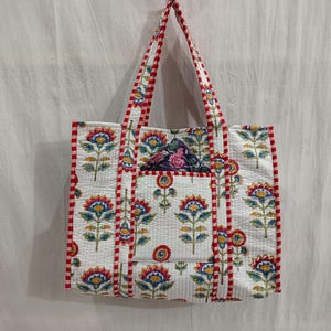 Floral Quilted Cotton Tote Bag: Large Handmade Shopping Bag