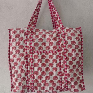 Tote Bag Hand Block Print Pink Elephant Cotton Inside Natural Cotton 1-1 Pocket/Outside Inside Good Journey Outside Shopping Market Picnic image 1