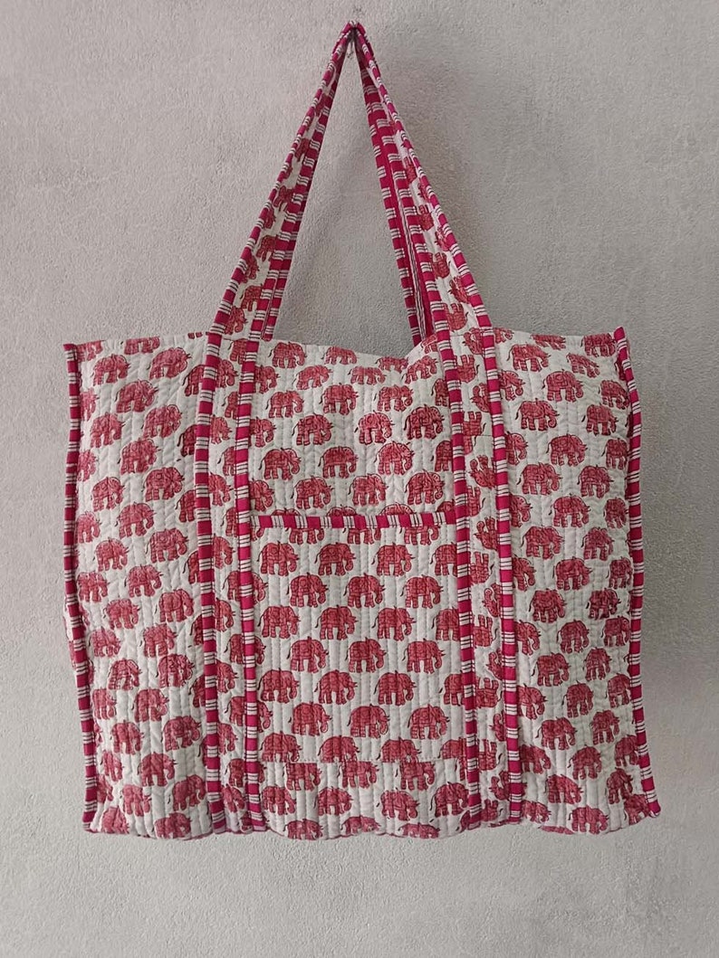 Tote Bag Hand Block Print Pink Elephant Cotton Inside Natural Cotton 1-1 Pocket/Outside Inside Good Journey Outside Shopping Market Picnic image 1