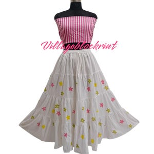Boho Chic Tiered Skirt With Top Free Size Hand Block Print  Fabric Elastic With Drawstring Slogan In Side Half Lining 36 To 42 Inch Maxi
