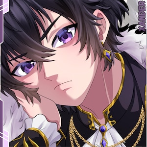this image contains a profile picture anime art , a dark prince vtuber have a purple eyes , with sharp eyes , and flat expression