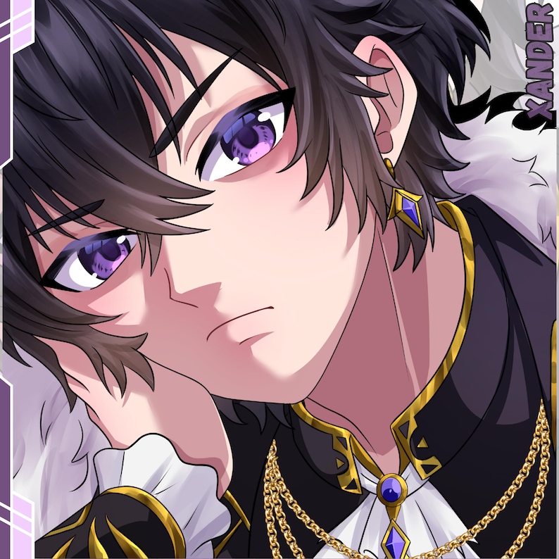 this image contains a profile picture anime art , a dark prince vtuber have a purple eyes , with sharp eyes , and flat expression