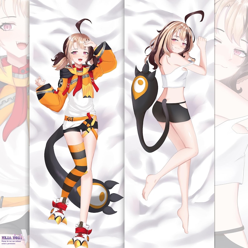 gigi murin vtuber dakimakura anime design , with pose hand in the head use usual outfit , other side , gigi murin dakimakura use white tank top and black pants