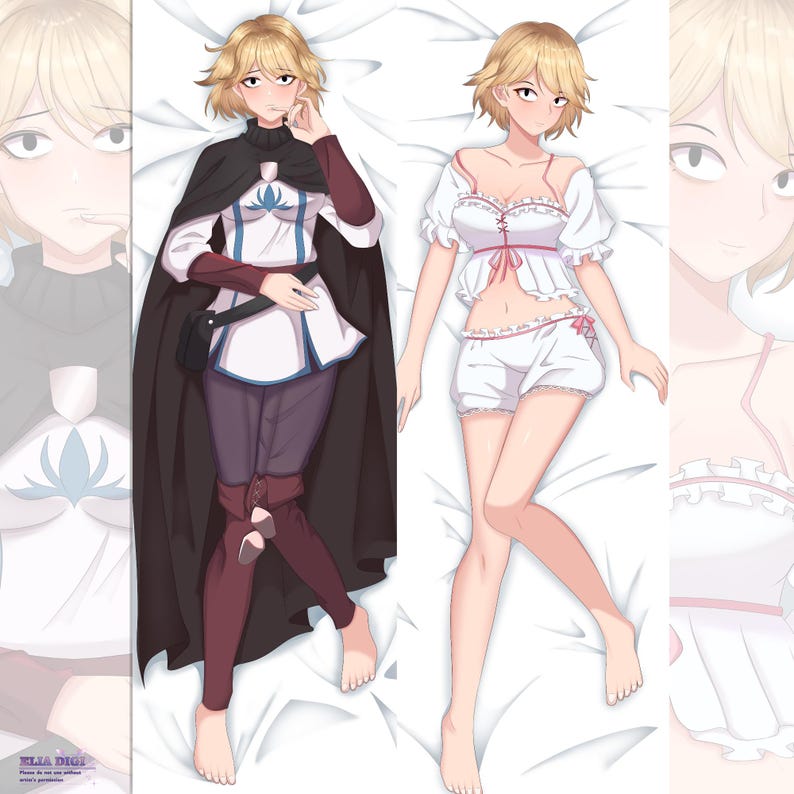 Dakimakura fanart anime female anime character , pajama female , custom anime art , overlord anime fanart dakimakura,Neia baraja with kingdom outfit , and vintage white pajamas with pink ribbon side