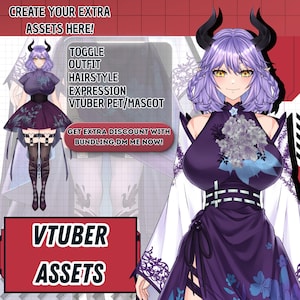 May include: A digital character illustration featuring a figure with lavender hair, dark horns, and yellow eyes, wearing a dark purple dress with floral patterns and white sleeves. Text includes CREATE YOUR EXTRA ASSETS HERE, TOGGLE OUTFIT, HAIRSTYLE, EXPRESSION, VTUBER PET/MASCOT, GET EXTRA DISCOUNT WITH BUNDLING, DM ME NOW, and VTUBER ASSETS.