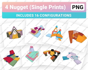 May include: Four colourful, geometric shapes, each made up of four smaller blocks, are arranged in different configurations. The shapes are made of a variety of colours, including red, blue, green, yellow, and orange. The image is labelled "4 Nugget (Single Prints) PNG INCLUDES 16 CONFIGURATIONS".