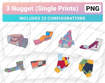 May include: A set of 23 printable designs for a 3-piece foam play set, also known as a "nugget". The designs feature various configurations of the foam pieces, including a house, a slide, and a staircase. The designs are in a cartoon style and are suitable for use in a playroom or classroom.