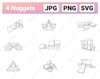 May include: Line drawing illustrations of different ways to build structures using four square blocks. The title of the image is "4 Nuggets".