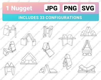 May include: A line drawing illustration of 33 different configurations of a single modular block. The image includes the text "1 Nugget" and "INCLUDES 33 CONFIGURATIONS".