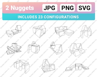 May include: Line drawing illustration showing 23 different configurations of a two-piece foam play set. The set includes two triangular pieces that can be arranged to create a variety of shapes, including a couch, a house, and a tent. The text "2 Nuggets" and "INCLUDES 23 CONFIGURATIONS" is included in the image.