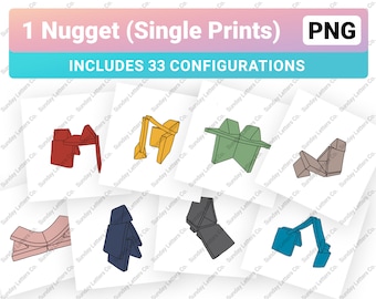 May include: A set of 33 printable designs for a single origami nugget. The designs include a variety of colours and shapes, such as red, yellow, green, blue, and grey. The designs are all in a simple, cartoon style.