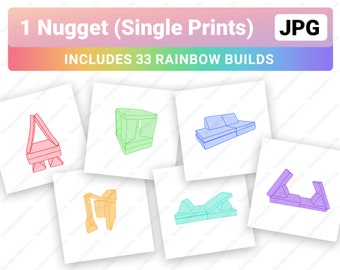 May include: A set of 6 printable designs for building with foam blocks. The designs include a house, a sofa, a chair, and a few other shapes. The designs are outlined in different colours, including red, green, blue, purple, and orange. The text "1 Nugget (Single Prints) JPG INCLUDES 33 RAINBOW BUILDS" is at the top of the image.