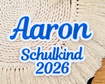 Schoolchild 2026, first day of school, lettering, embroidered name, patch, appliqué, iron-on transfer, embroidered appliqué, for ironing on, for sewing