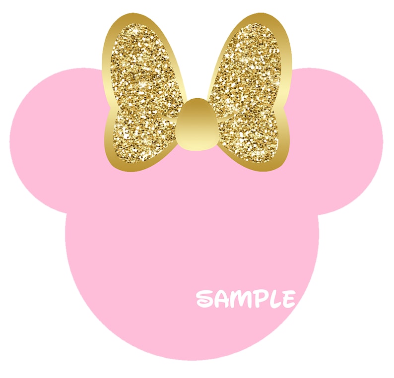 May include: Pink mouse ears with a gold glitter bow. The ears have a white background and the text "SAMPLE" is written in the center.
