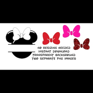 Könnte beinhalten: Schwarze und weiße Silhouette eines Mickey Mouse Kopfes mit einer Schleife. Es gibt drei rote Schleifen, eine rosa Schleife und eine rote Glitzer-Schleife. Der Text lautet "NO RESIZING NEEDED INSTANT DOWNLOAD TRANSPARENT BACKGROUND TWO SEPARATE PNG IMAGES".