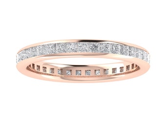 Princess Moissanite Band, Full Eternity Band, Channel Set Band, Moissanite Engagement Band, Women&#39;s Wedding Band, 14K Solid Rose Gold Band