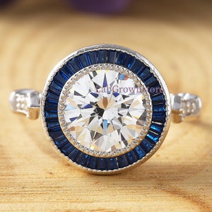 Art Deco-Sapphire Halo Ring, Vintage Style Round Diamond & Sapphire Ring, Vintage Milgrain Bezel Set Engagement Ring, 925 Silver Ring