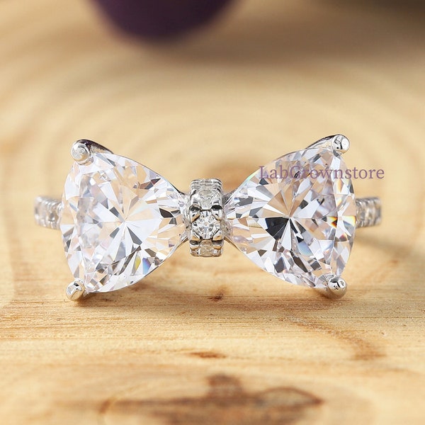 Trillion Moissanite Bow Style Ring, Two Stone Ring, 10K Gold Two Stone Wedding Engagement Diamond Ring, Bow tie Diamond Ring, Promise Ring