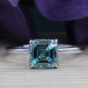 2.00 Carat Asscher Cut Cyan Blue Moissanite Engagement Ring, Asscher Solitaire Ring, Anniversary Gift Ring, 10K/14K/18K White Gold Ring