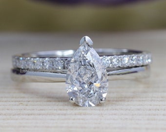 1.5 CT Pear Lab Grown Diamond Engagement Ring Set, Pear Lab Grown Diamond Ring, Solitaire Diamond Ring, Bridal Set Ring, 14K White Gold Ring