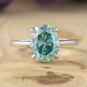 Solitaire Cyan Blue Diamond Ring, 2 CT Oval Cut Cyan Blue Moissanite Solitaire Engagement Ring, Oval Cut Ring, Wedding Ring, 14K White Gold