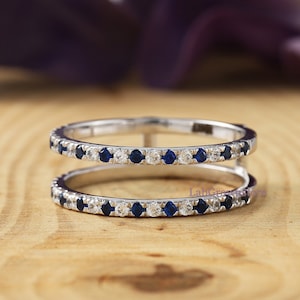 Vintage 14K White Gold Sapphire Jacket Band, Round Cut Diamond Enhancer Ring, Enhancer Guard Ring, Guard Wrap Solitaire Engagement Ring