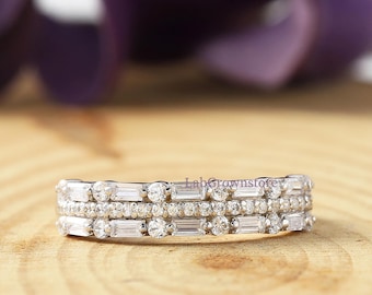Half Eternity East To West Moissanite Ring, Baguette Cut Lab Grown Diamond Ring, Diamond Wedding Ring, Three Row Half Eternity Band,14k Gold