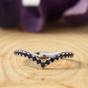 Dainty V Shape Band, Black Diamond Ring, Chevron Stacking Ring, Curved Wedding Band, Delicate Ring, Engagement Wedding Ring, 14K White Gold