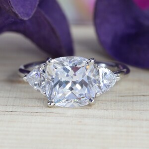 3.00 CT Cushion Cut Diamond Three Stone Wedding Engagement Ring, Cushion Three Stone Engagement Ring, Trillion Cut Ring, 14K White Gold Ring