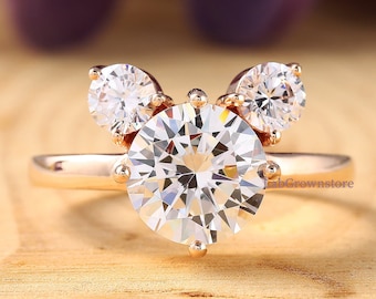Three Stone Lab Grown Diamond Ring, Round Cut Certified Lab Grown Diamond Engagement Ring, Mouse Ears Three Stone Ring, 14K Rose Gold Ring