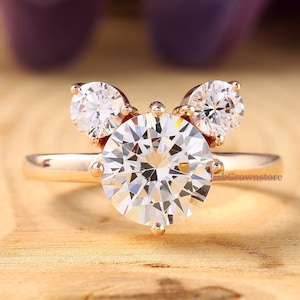 3 Ct Three Stone Moissanite Diamond Ring, Round Cut Moissanite Diamond Engagement Ring, Mouse Ears Three Stone 14K Rose Gold Ring