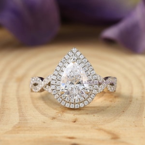 Twisted Engagement Ring, Pear Cut Ring, Double Halo Ring, Infinity Women&#39;s Wedding Ring, Twisted Shank Engagement Ring, 14K White Gold Ring