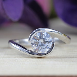 2.00 CT Round Moissanite Diamond Ring, Solitaire Bypass Engagement Ring, Tension Set Ring, Women's Wedding Ring, Solid 14K White Gold Ring
