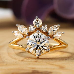 Round Diamond Engagement Ring, Certified Lab Grown Diamond Ring, Split Shank Ring, Marquise Cut Crown Style Moissanite Ring, 14k Gold Ring
