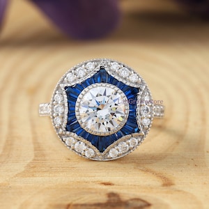 Art Deco-Sapphire Halo Ring, Style Round Diamond & Sapphire Ring, Vintage Milgrain Bezel Set Engagement Ring, 925 Sterling Silver Ring