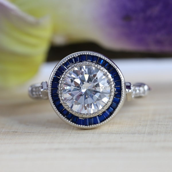 Art Deco-Sapphire Halo Ring, Vintage Style Round Diamond & Sapphire Ring, Vintage Milgrain Bezel Set Engagement Ring, 925 Silver Ring